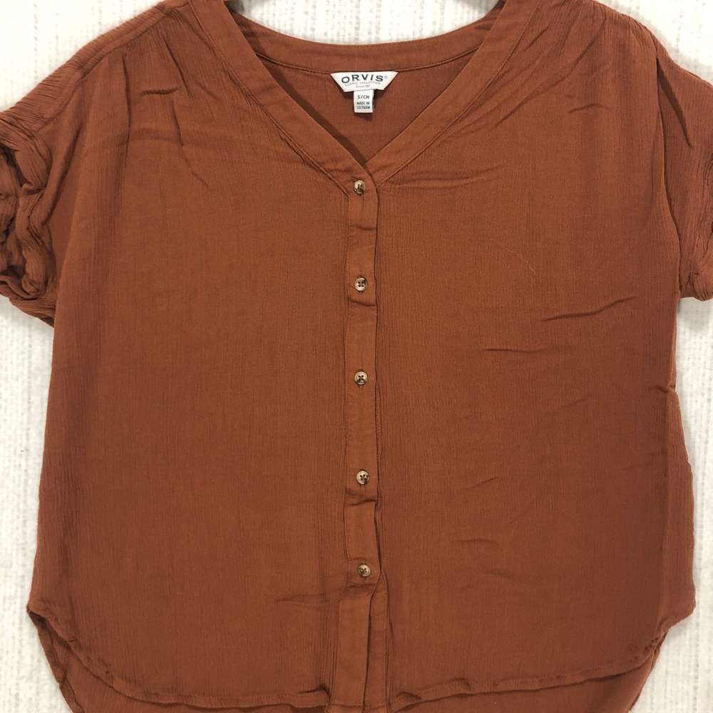 Orvis Womens Rust Brown Textured Button Front V-Neck Short Sleeve Top Small